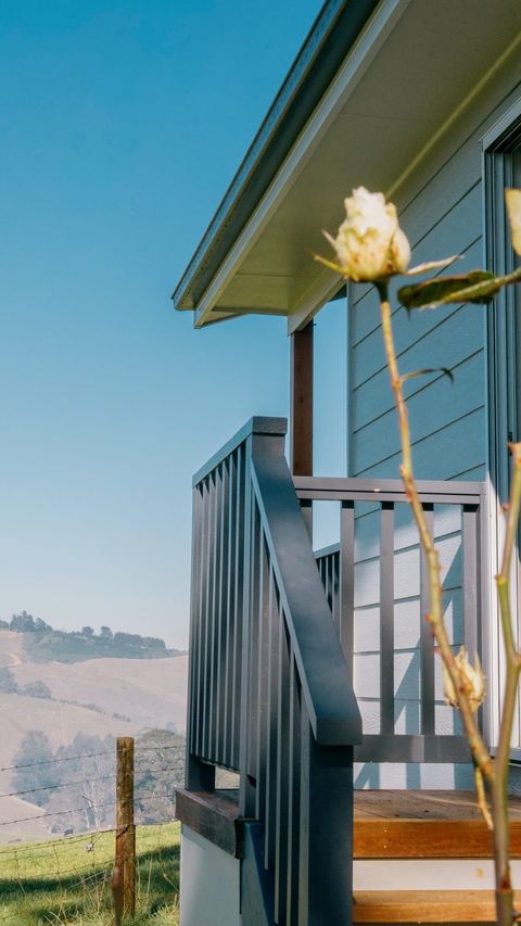 The home's steps and garden roses, with the Gippsland hills beyond